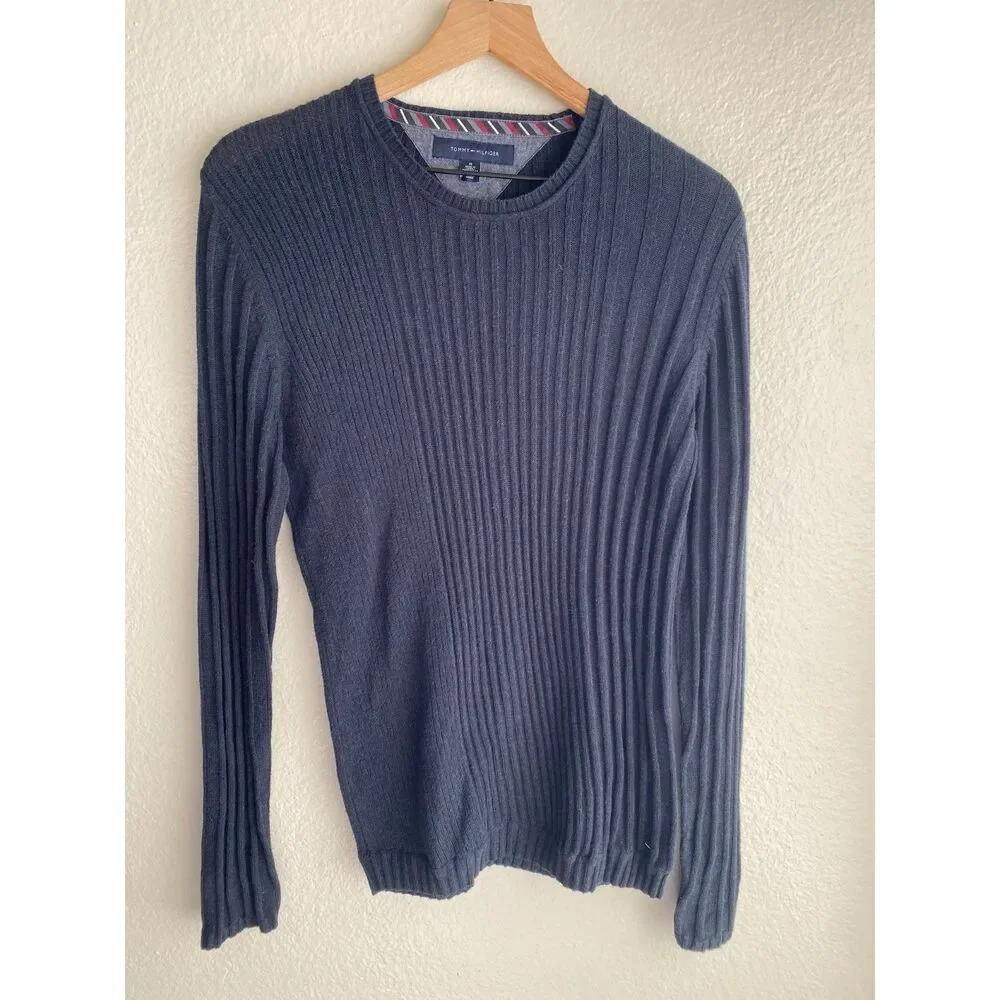 Tommy Hilfiger Mens Medium Navy Ribbed Crewneck Sweater Cotton Knit Pullover